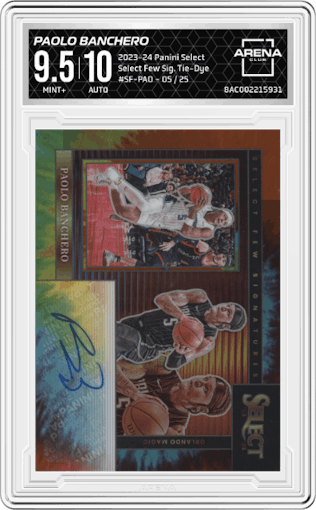 Paolo Banchero from the 2023-24 Panini Select  set featuring a Tie-Dye Prizm parallel graded by Arena Club and given an overall grade of 9.5.