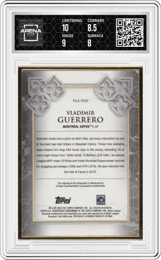 Vladimir Guerrero from the 2023 Topps Transcendent Collection set graded by Arena Club and given an overall grade of 8.5.