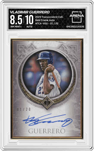 Vladimir Guerrero from the 2023 Topps Transcendent Collection set graded by Arena Club and given an overall grade of 8.5.