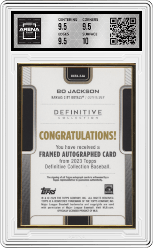 Bo Jackson from the 2023 Topps Definitive Collection set graded by Arena Club and given an overall grade of 10.