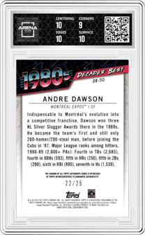 Andre Dawson from the 2020 Topps Series 1 set graded by Arena Club and given an overall grade of 9.5.