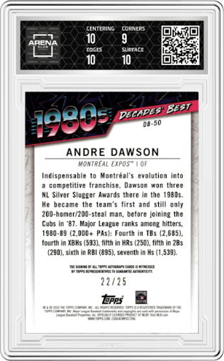 Andre Dawson from the 2020 Topps Series 1 set graded by Arena Club and given an overall grade of 9.5.