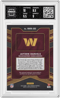 Jayden Daniels from the 2024 Panini Gold Standard set featuring a White Gold parallel graded by Arena Club and given an overall grade of 9.
