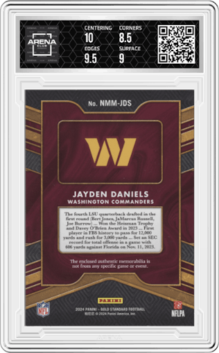 Jayden Daniels from the 2024 Panini Gold Standard set featuring a White Gold parallel graded by Arena Club and given an overall grade of 9.