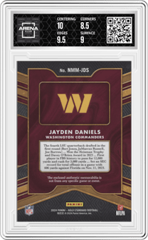 Jayden Daniels from the 2024 Panini Gold Standard set featuring a White Gold parallel graded by Arena Club and given an overall grade of 9.