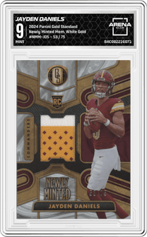 Jayden Daniels from the 2024 Panini Gold Standard set featuring a White Gold parallel graded by Arena Club and given an overall grade of 9.