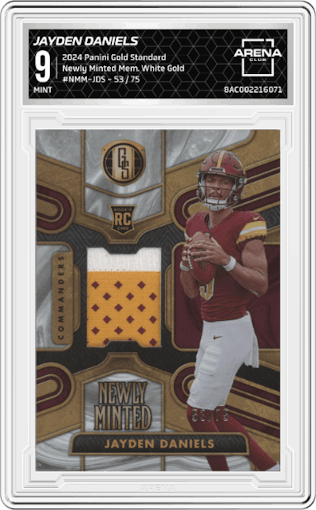 Jayden Daniels from the 2024 Panini Gold Standard set featuring a White Gold parallel graded by Arena Club and given an overall grade of 9.