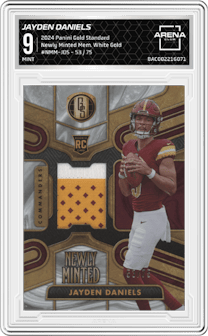 Jayden Daniels from the 2024 Panini Gold Standard set featuring a White Gold parallel graded by Arena Club and given an overall grade of 9.