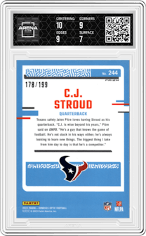C.J. Stroud from the 2023 Donruss Optic set featuring a Blue parallel graded by Arena Club and given an overall grade of 7.5.