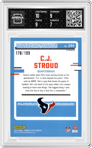 C.J. Stroud from the 2023 Donruss Optic set featuring a Blue parallel graded by Arena Club and given an overall grade of 7.5.