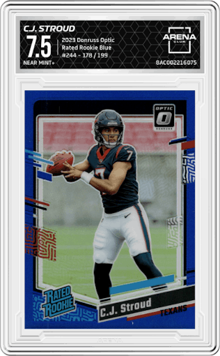 C.J. Stroud from the 2023 Donruss Optic set featuring a Blue parallel graded by Arena Club and given an overall grade of 7.5.