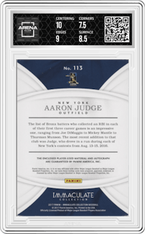 Aaron Judge from the 2017 Panini Immaculate Collection set graded by Arena Club and given an overall grade of 8.
