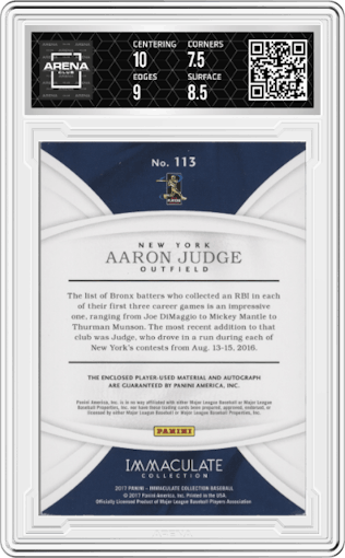 Aaron Judge from the 2017 Panini Immaculate Collection set graded by Arena Club and given an overall grade of 8.