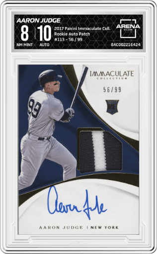 Aaron Judge from the 2017 Panini Immaculate Collection set graded by Arena Club and given an overall grade of 8.