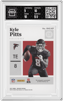 Kyle Pitts from the 2021 Panini Encased set featuring a Emerald parallel graded by Arena Club and given an overall grade of 9.5.