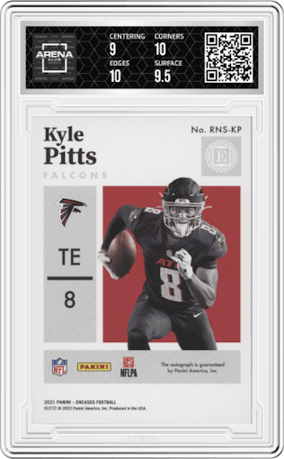 Kyle Pitts from the 2021 Panini Encased set featuring a Emerald parallel graded by Arena Club and given an overall grade of 9.5.