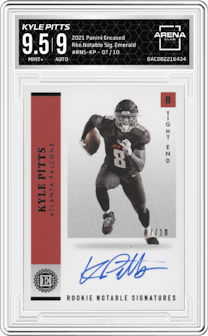 Kyle Pitts from the 2021 Panini Encased set featuring a Emerald parallel graded by Arena Club and given an overall grade of 9.5.