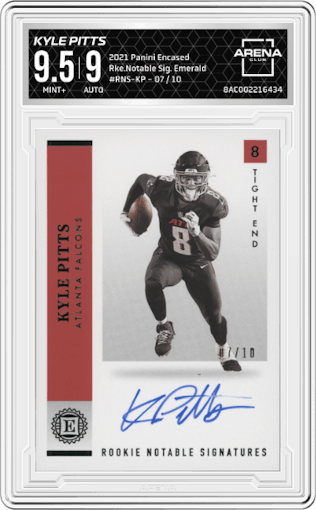Kyle Pitts from the 2021 Panini Encased set featuring a Emerald parallel graded by Arena Club and given an overall grade of 9.5.