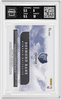 Desmond Bane from the 2020-21 Panini Origins  set featuring a Blue parallel graded by Arena Club and given an overall grade of 8.5.