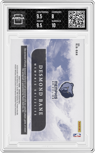 Desmond Bane from the 2020-21 Panini Origins  set featuring a Blue parallel graded by Arena Club and given an overall grade of 8.5.