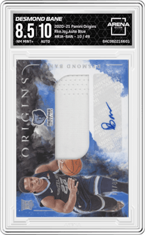 Desmond Bane from the 2020-21 Panini Origins  set featuring a Blue parallel graded by Arena Club and given an overall grade of 8.5.