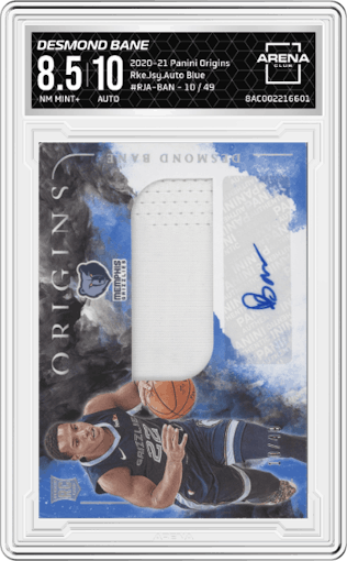 Desmond Bane from the 2020-21 Panini Origins  set featuring a Blue parallel graded by Arena Club and given an overall grade of 8.5.