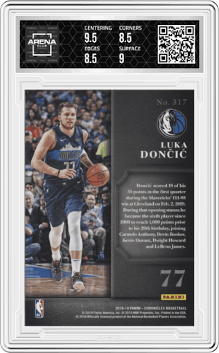Luka Doncic from the 2018-19 Panini Chronicles set graded by Arena Club and given an overall grade of 9.