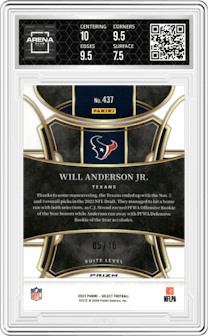 Will Anderson Jr.  from the 2023 Panini Select set featuring a Gold Disco  parallel graded by Arena Club and given an overall grade of 8.