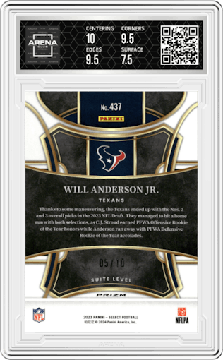 Will Anderson Jr.  from the 2023 Panini Select set featuring a Gold Disco  parallel graded by Arena Club and given an overall grade of 8.