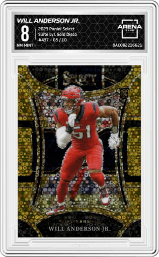 Will Anderson Jr.  from the 2023 Panini Select set featuring a Gold Disco  parallel graded by Arena Club and given an overall grade of 8.