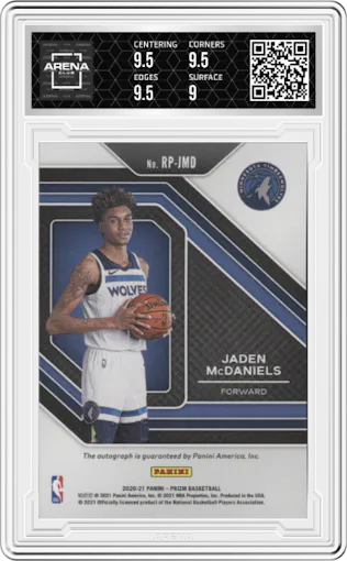 Jaden McDaniels from the 2020-21 Panini Prizm set graded by Arena Club and given an overall grade of 9.5.