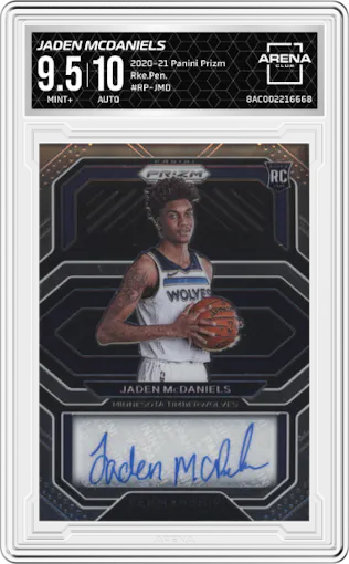 Jaden McDaniels from the 2020-21 Panini Prizm set graded by Arena Club and given an overall grade of 9.5.
