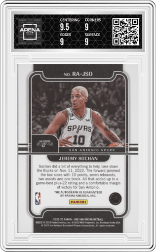 Jeremy Sochan from the 2022-23 Panini One and One set graded by Arena Club and given an overall grade of 9.