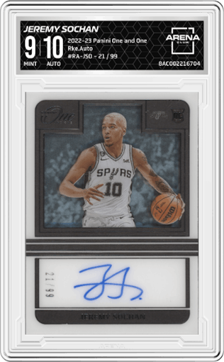 Jeremy Sochan from the 2022-23 Panini One and One set graded by Arena Club and given an overall grade of 9.