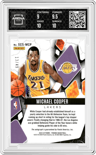 Michael Cooper from the 2023-24 Panini Phoenix set featuring a Orange parallel graded by Arena Club and given an overall grade of 9.5.