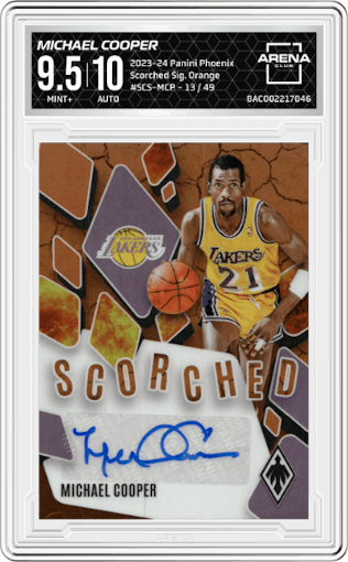 Michael Cooper from the 2023-24 Panini Phoenix set featuring a Orange parallel graded by Arena Club and given an overall grade of 9.5.