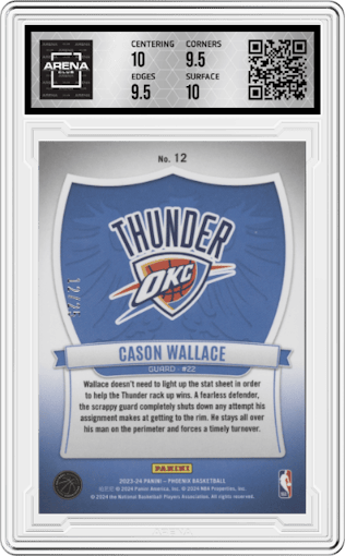 Cason Wallace from the 2023-24 Panini Phoenix set featuring a Blue parallel graded by Arena Club and given an overall grade of 10.