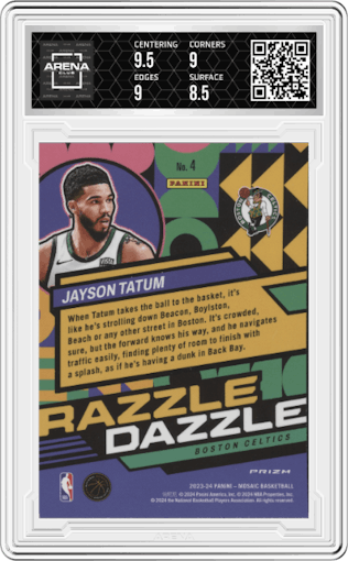 Jayson Tatum from the 2023-24 Panini Mosaic set graded by Arena Club and given an overall grade of 9.