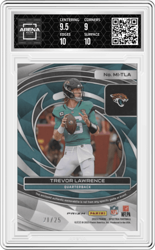 Trevor Lawrence from the 2023 Panini Spectra set featuring a Meta parallel graded by Arena Club and given an overall grade of 9.5.