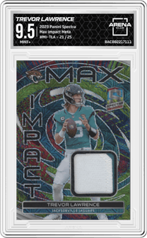 Trevor Lawrence from the 2023 Panini Spectra set featuring a Meta parallel graded by Arena Club and given an overall grade of 9.5.