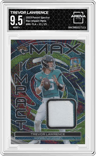 Trevor Lawrence from the 2023 Panini Spectra set featuring a Meta parallel graded by Arena Club and given an overall grade of 9.5.