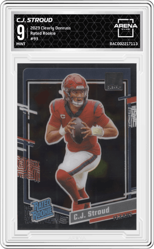 C.J. Stroud from the 2023 Clearly Donruss set graded by Arena Club and given an overall grade of 9.