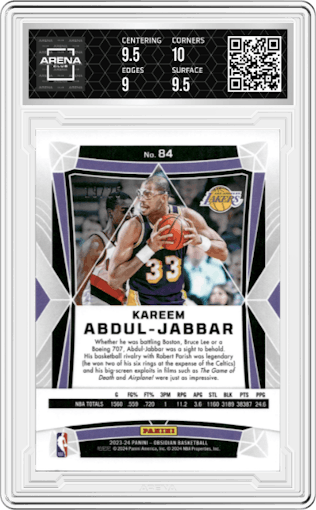 Kareem Abdul-Jabbar from the 2023-24 Panini Obsidian set featuring a Electric Etch Green Flood parallel graded by Arena Club and given an overall grade of 9.5.