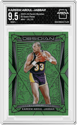 Kareem Abdul-Jabbar from the 2023-24 Panini Obsidian set featuring a Electric Etch Green Flood parallel graded by Arena Club and given an overall grade of 9.5.