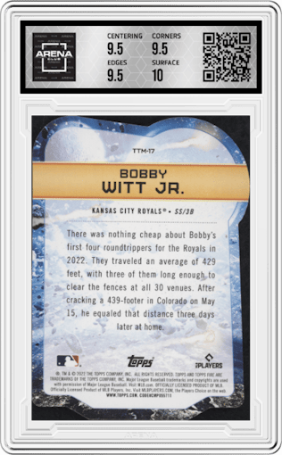 Bobby Witt Jr. from the 2022 Topps Fire  set graded by Arena Club and given an overall grade of 10.