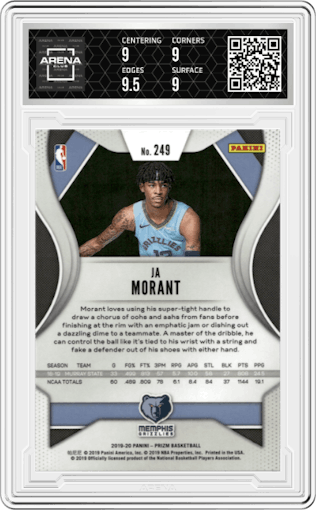 Ja Morant from the 2019-20 Panini Prizm set graded by Arena Club and given an overall grade of 9.