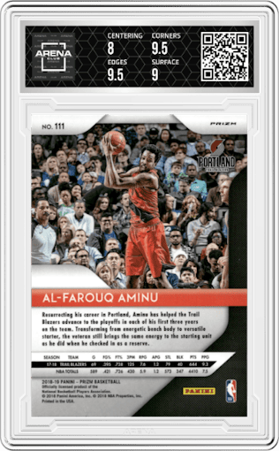 Al-Farouq Aminu from the 2018-19 Panini Prizm set featuring a Choice Tiger Stripe parallel graded by Arena Club and given an overall grade of 8.5.