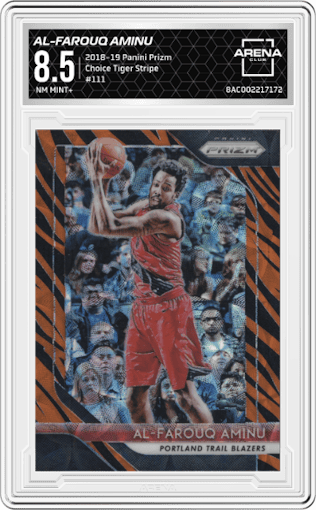 Al-Farouq Aminu from the 2018-19 Panini Prizm set featuring a Choice Tiger Stripe parallel graded by Arena Club and given an overall grade of 8.5.