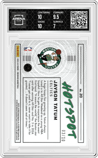Jayson Tatum from the 2023-24 Panini Obsidian set featuring a Electric Etch Molten Mojo parallel graded by Arena Club and given an overall grade of 7.5.