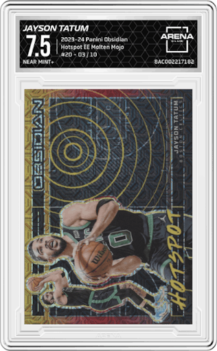 Jayson Tatum from the 2023-24 Panini Obsidian set featuring a Electric Etch Molten Mojo parallel graded by Arena Club and given an overall grade of 7.5.
